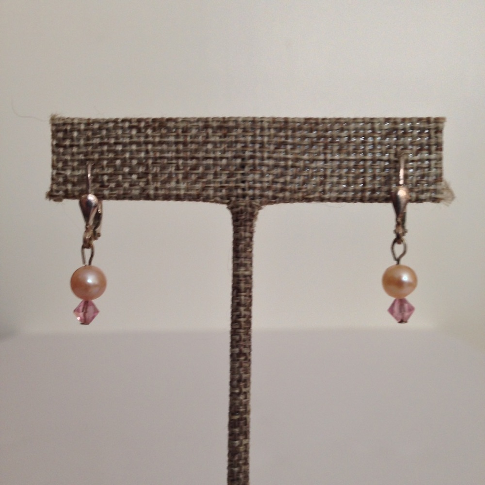 Vintage Freshwater Pink Pearl and Rose Quartz Drop Earrings Sterling Silver NWT